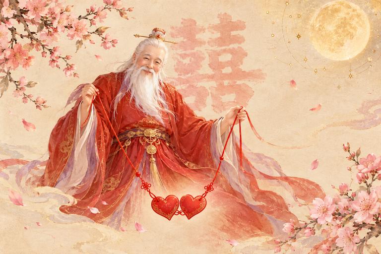 姻缘堂首页配图:月老牵红线牵姻缘、双喜桃花圆月的新中式国风插画